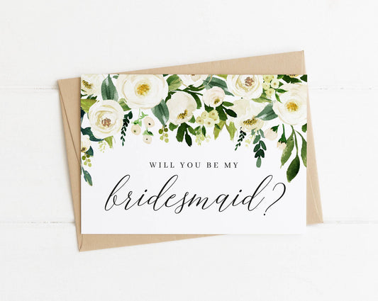Will You Be My Bridesmaid White & Green Floral Proposal Card